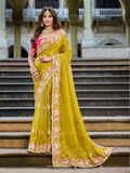 Nayoora Olive Green Silk Designer Saree with Rani Pink Embroidered Blouse