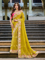 Nayoora Olive Green Silk Designer Saree with Rani Pink Embroidered Blouse