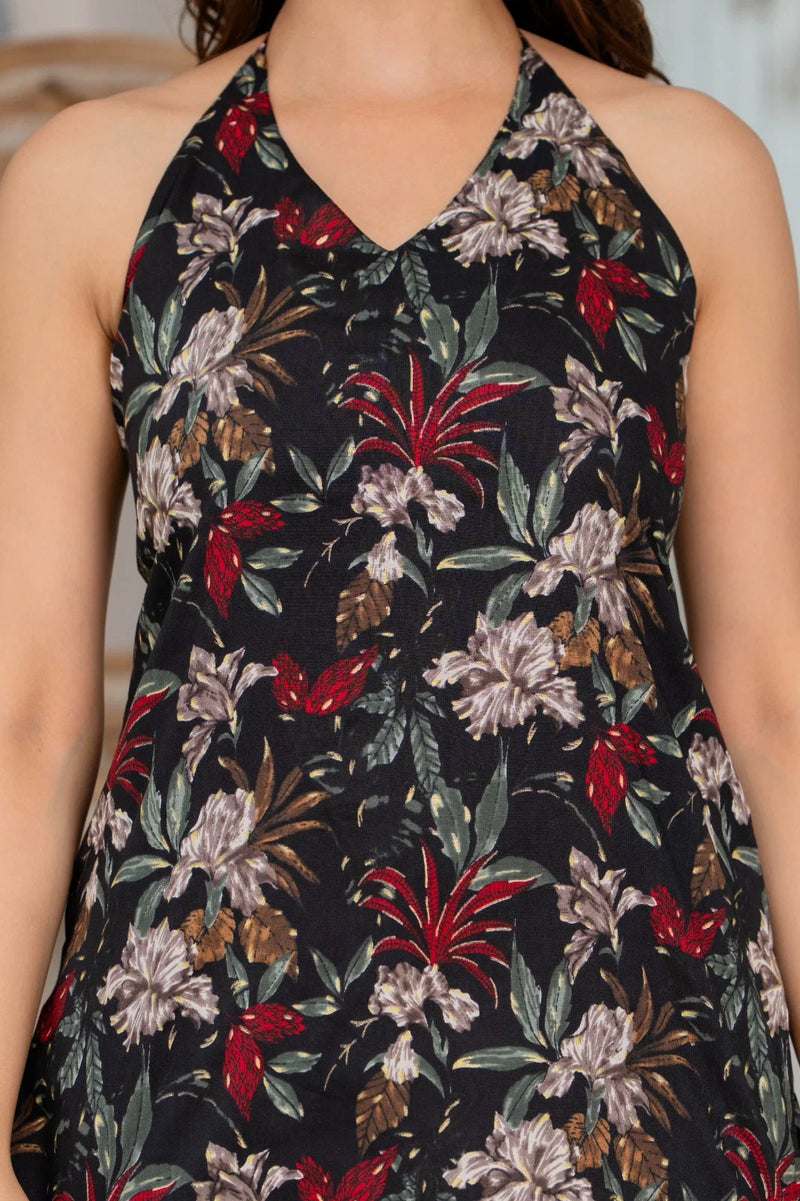 Nayoora Black Floral Printed Pure Cotton Halter Neck Top