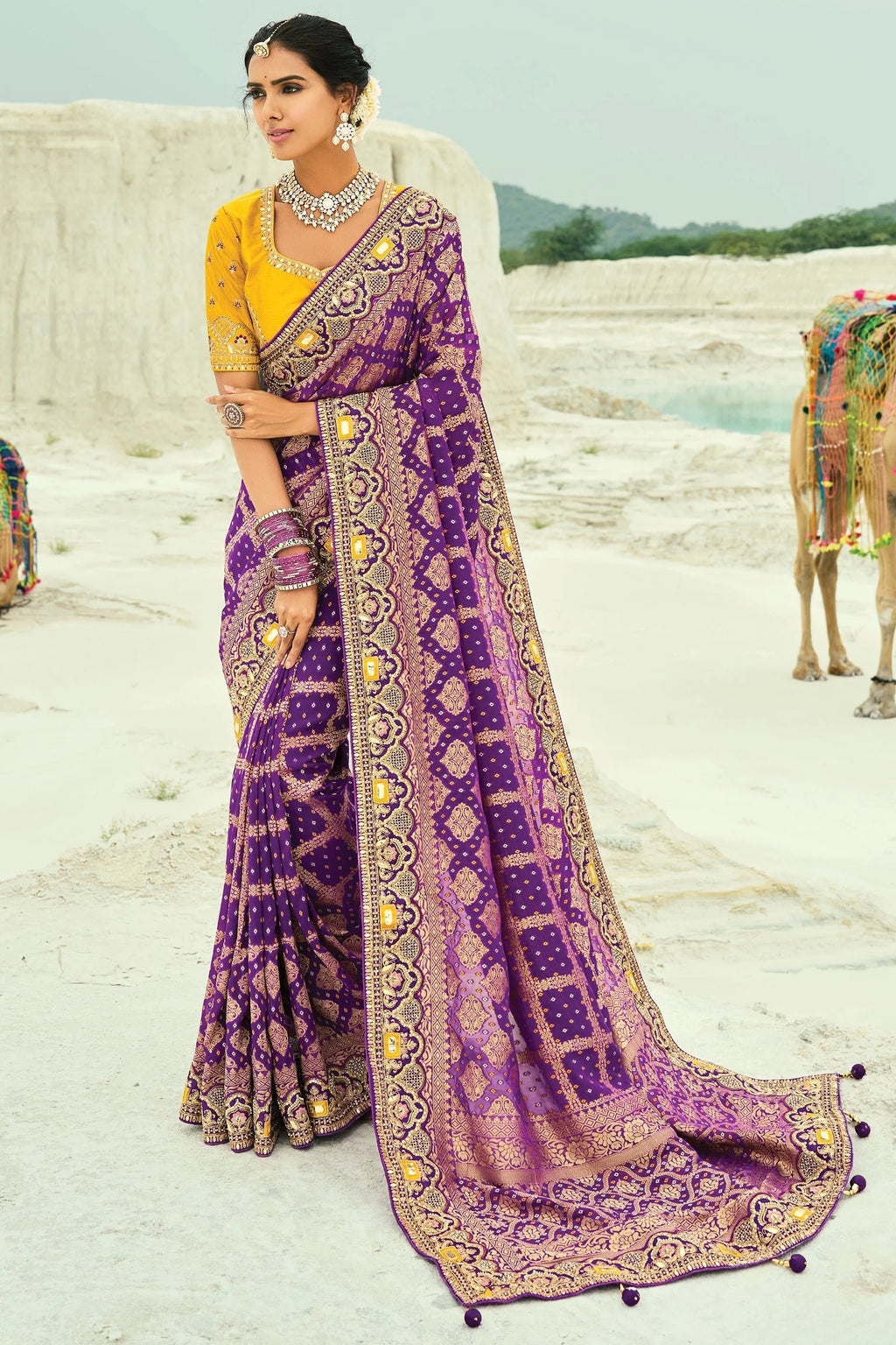 Nayoora Royal Purple Georgette Woven Saree with Mustard Embroidered Blouse