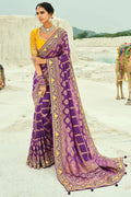 Nayoora Royal Purple Georgette Woven Saree with Mustard Embroidered Blouse