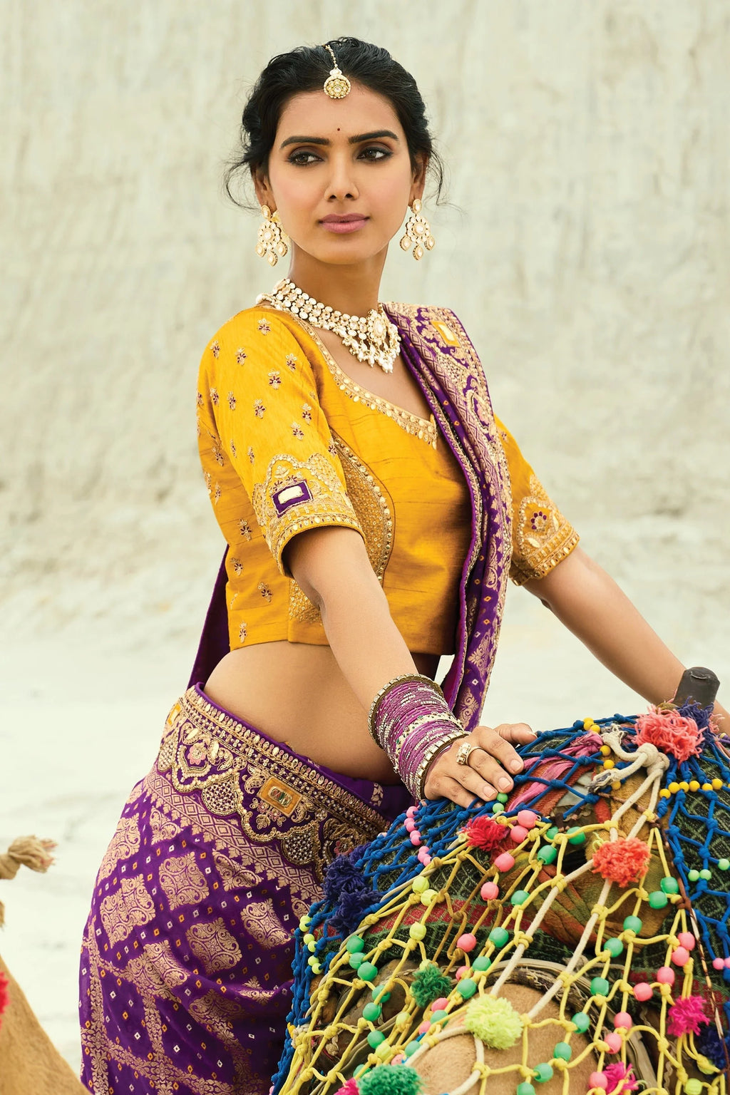 Nayoora Royal Purple Georgette Woven Saree with Mustard Embroidered Blouse