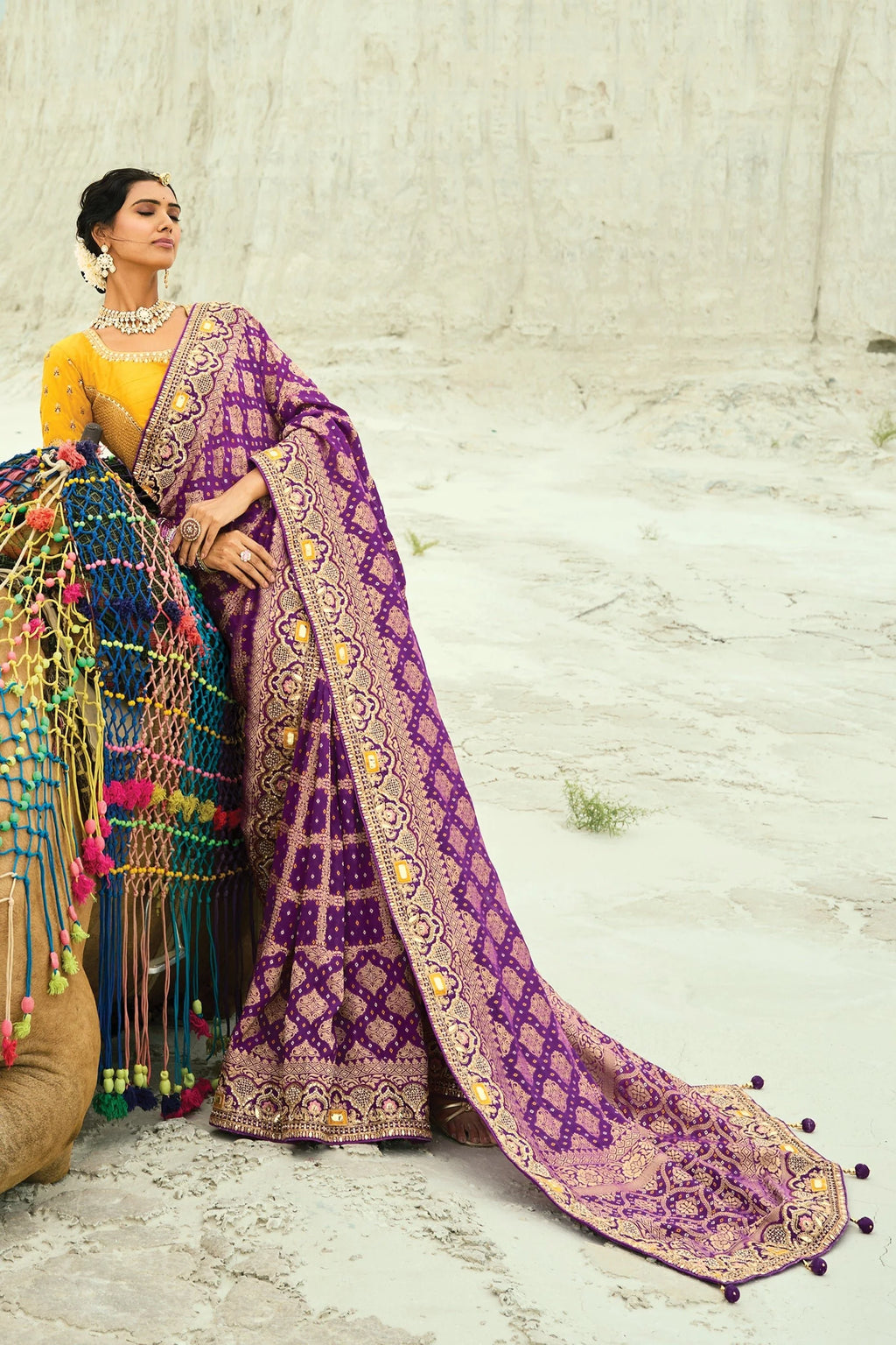 Nayoora Royal Purple Georgette Woven Saree with Mustard Embroidered Blouse
