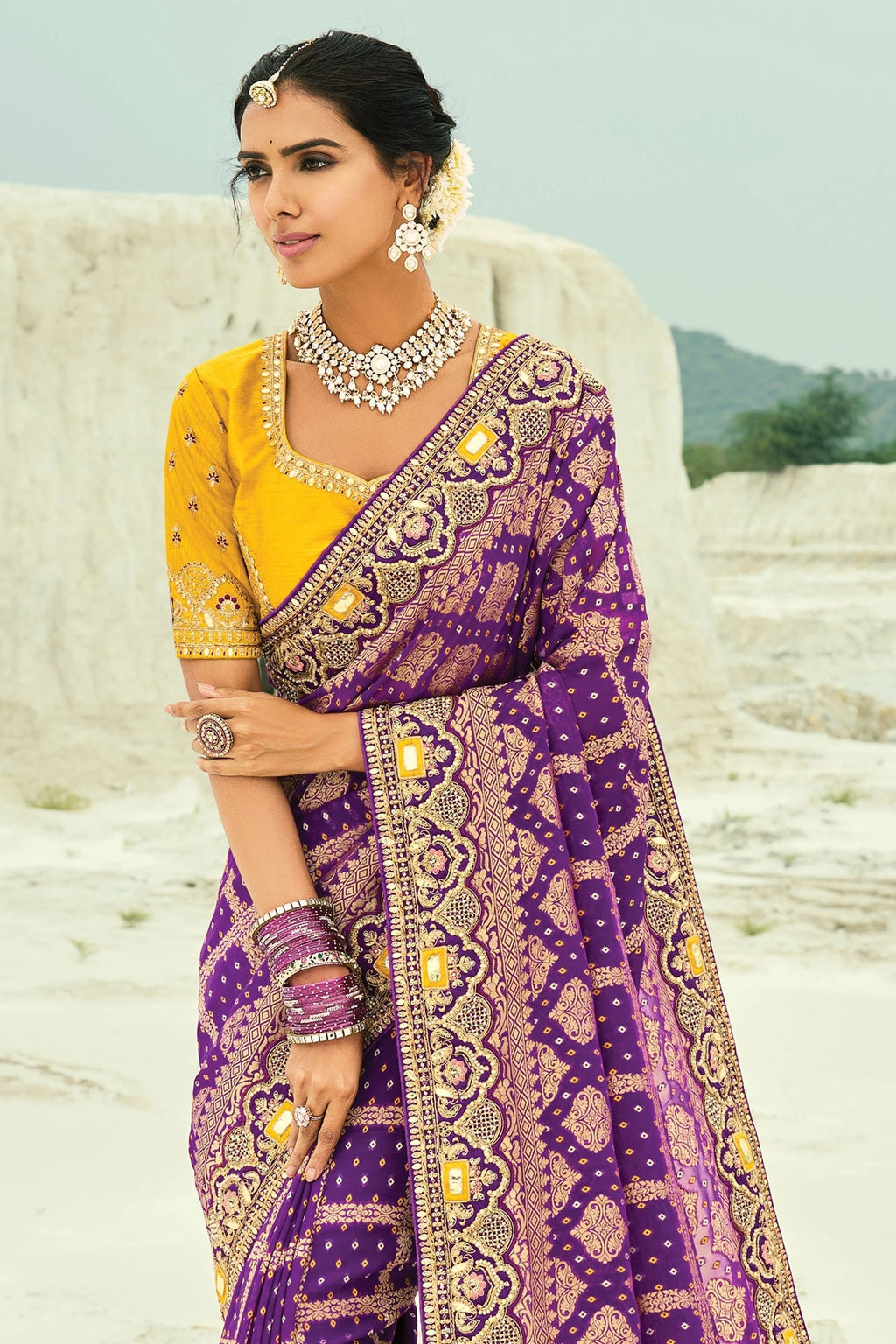 Nayoora Royal Purple Georgette Woven Saree with Mustard Embroidered Blouse