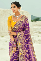 Nayoora Royal Purple Georgette Woven Saree with Mustard Embroidered Blouse
