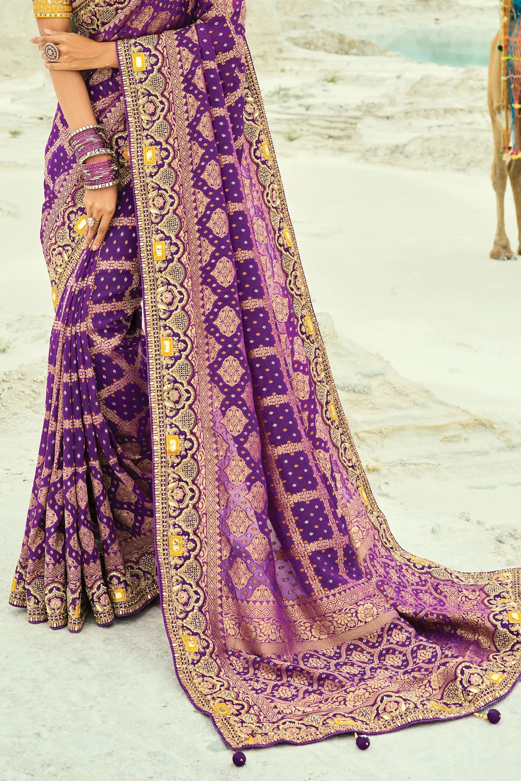 Nayoora Royal Purple Georgette Woven Saree with Mustard Embroidered Blouse