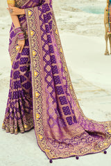 Nayoora Royal Purple Georgette Woven Saree with Mustard Embroidered Blouse