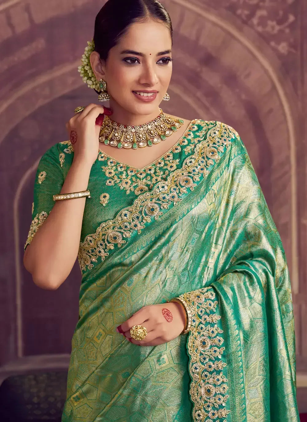 Nayoora Luxe Emerald Green Kanjivaram Silk Heavy Embroidered Saree - Nayoora