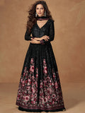 Nayoora Luxe Jet Black Sequin & Floral Chinnon Silk Anarkali Set - Nayoora