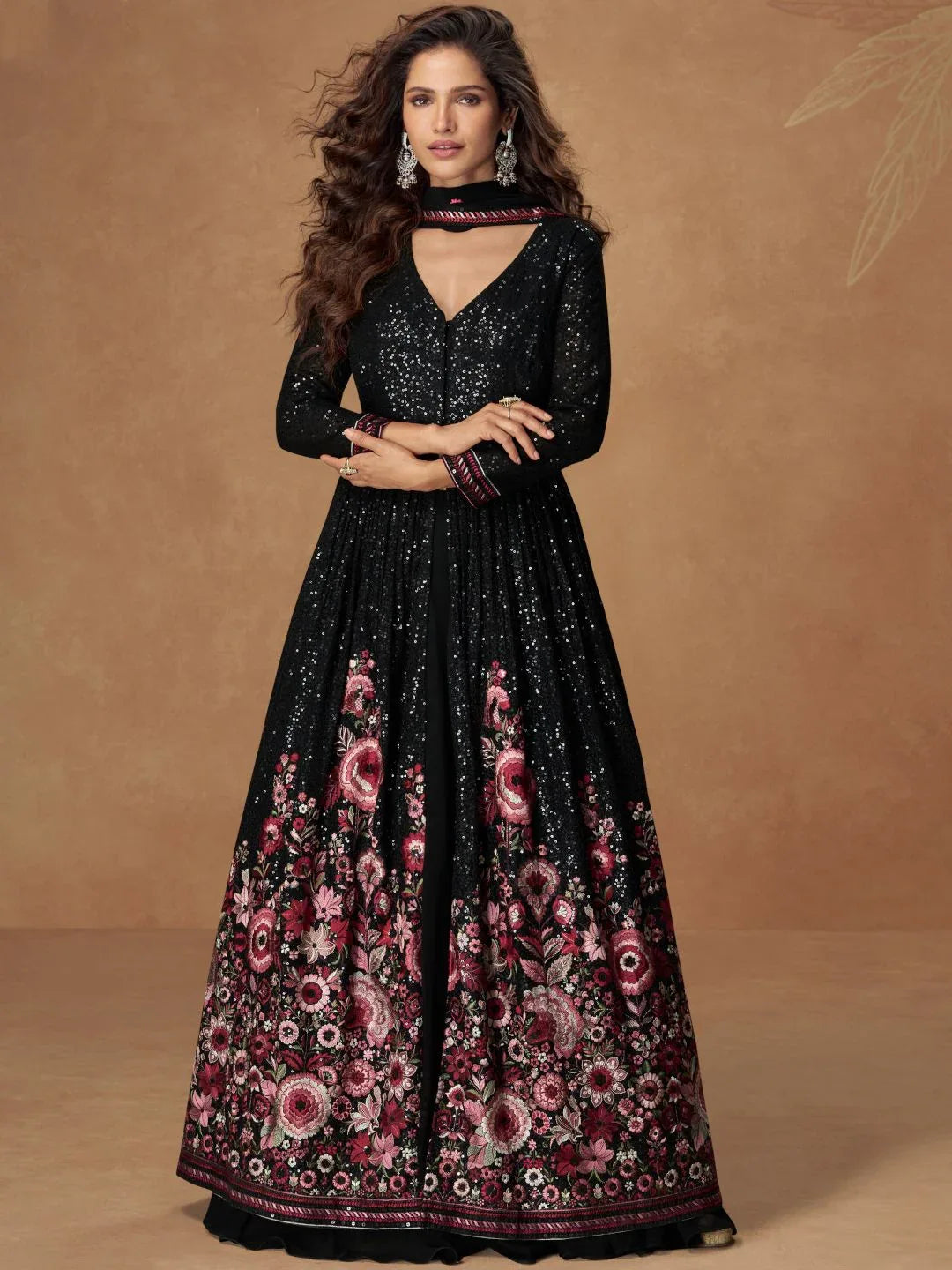 Nayoora Luxe Jet Black Sequin & Floral Chinnon Silk Anarkali Set - Nayoora