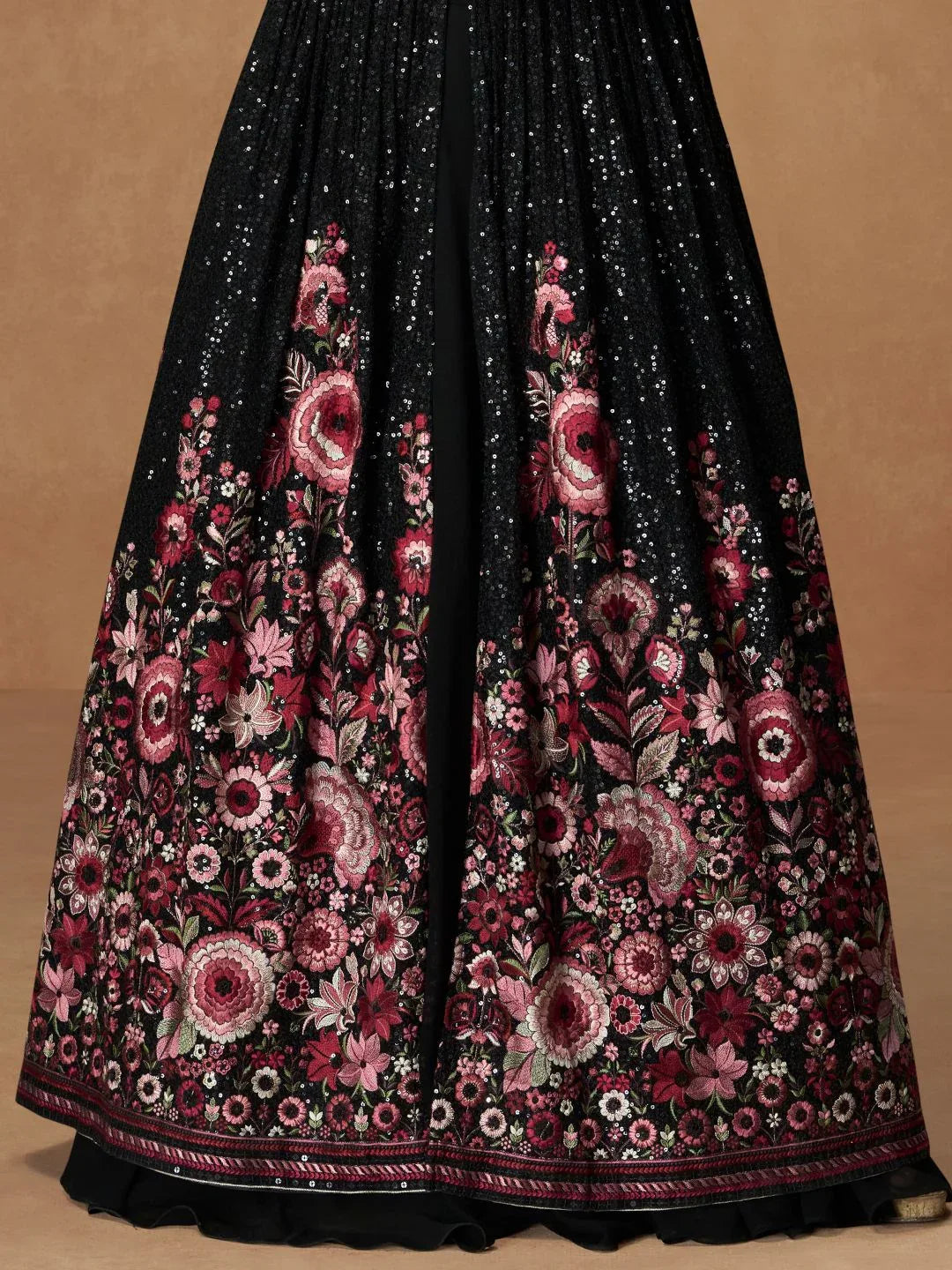 Nayoora Luxe Jet Black Sequin & Floral Chinnon Silk Anarkali Set - Nayoora