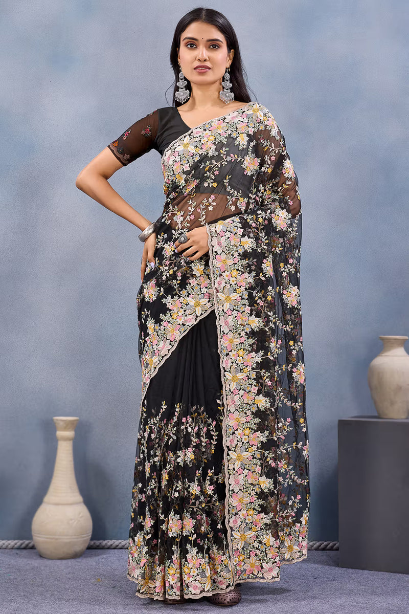 Nayoora Black Net Embroidered Designer Saree