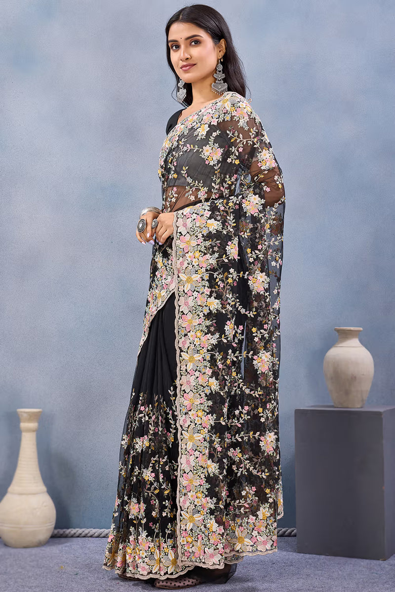 Nayoora Black Net Embroidered Designer Saree