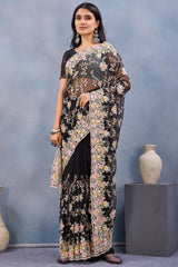 Nayoora Black Net Embroidered Designer Saree