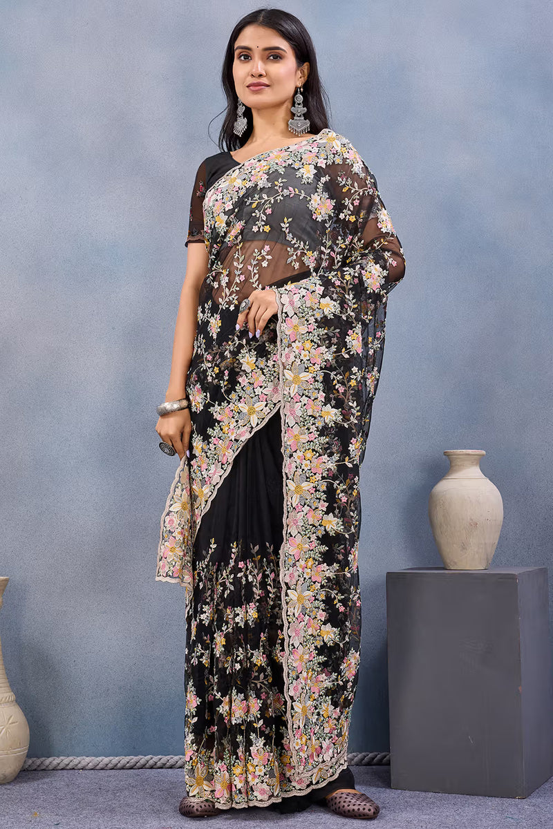 Nayoora Black Net Embroidered Designer Saree