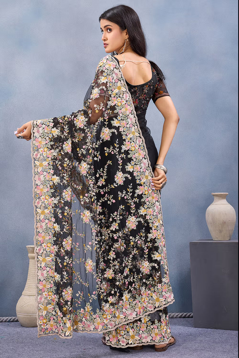 Nayoora Black Net Embroidered Designer Saree