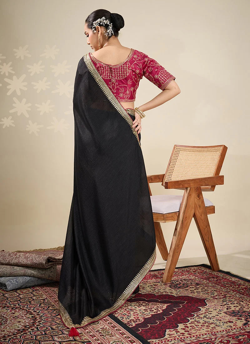Nayoora Black Vichitra Silk Embroidered Zari Saree with Rani Pink Blouse