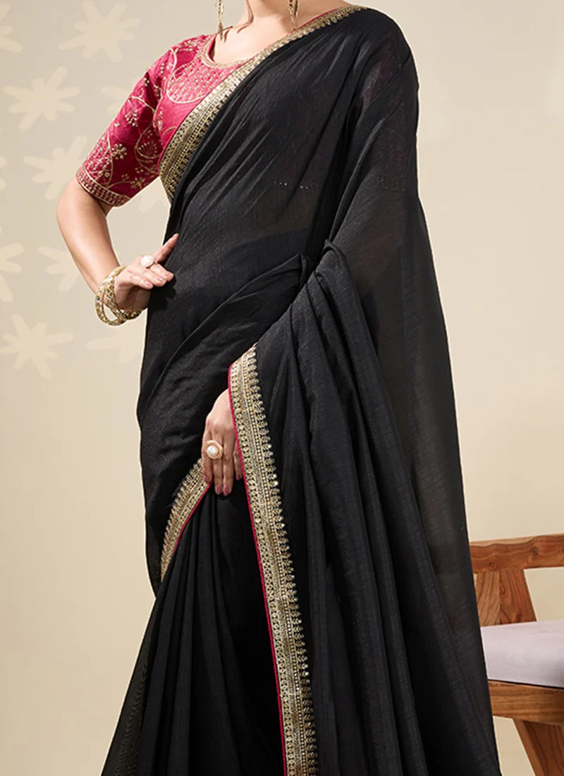 Nayoora Black Vichitra Silk Embroidered Zari Saree with Rani Pink Blouse