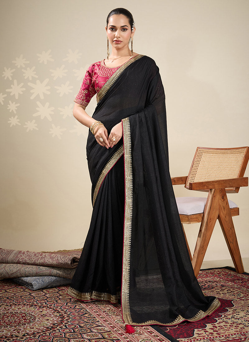 Nayoora Black Vichitra Silk Embroidered Zari Saree with Rani Pink Blouse