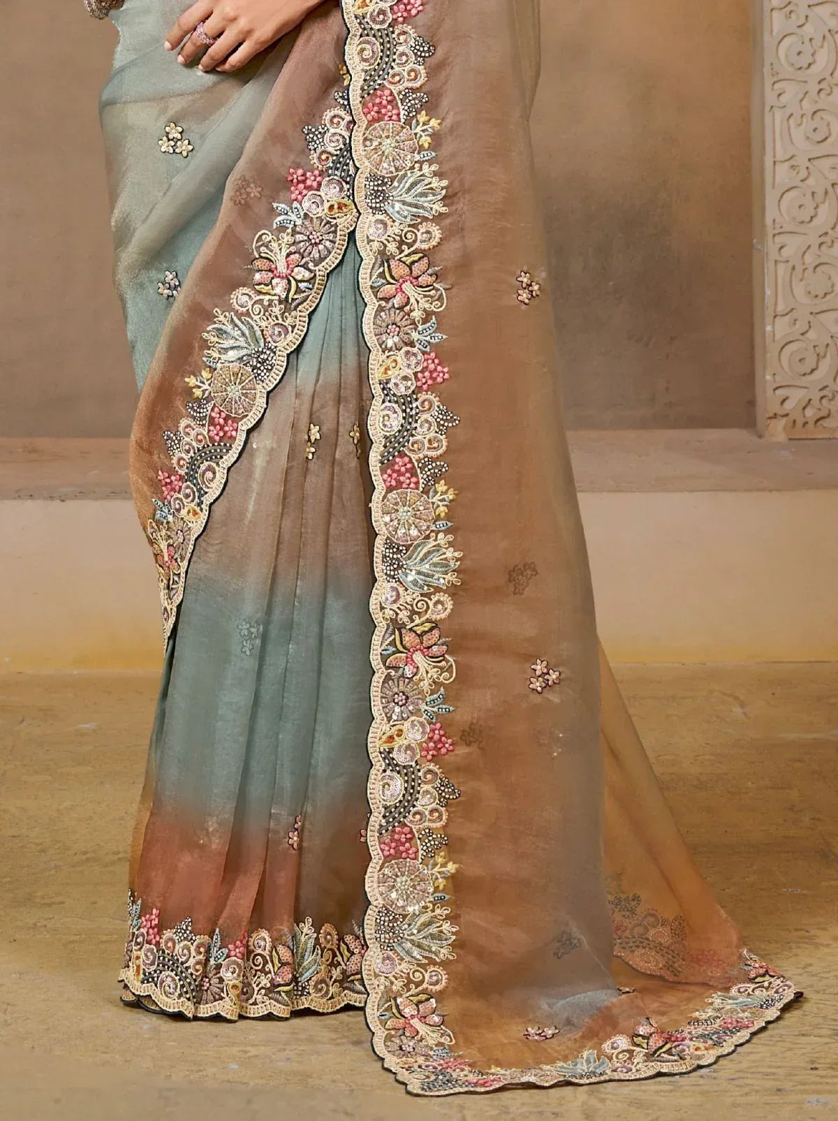 Nayoora Luxe Grey Teal Tissue Silk Scalloped Border Saree - Nayoora