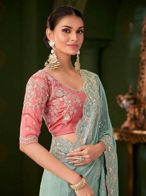 Nayoora Luxe Metallic Sky Blue Embroidered Georgette Saree with Pink Blouse - Nayoora