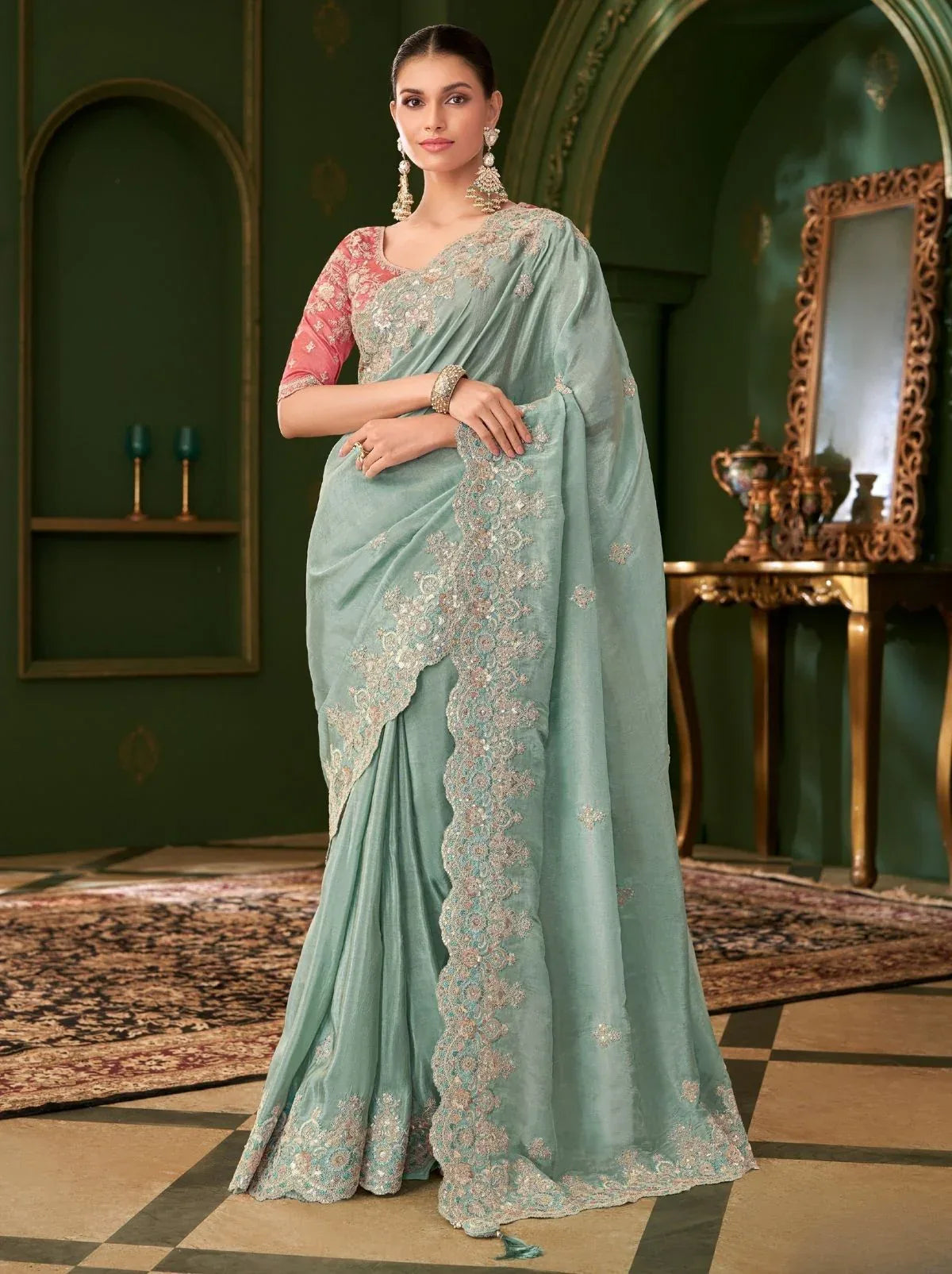 Nayoora Luxe Metallic Sky Blue Embroidered Georgette Saree with Pink Blouse - Nayoora
