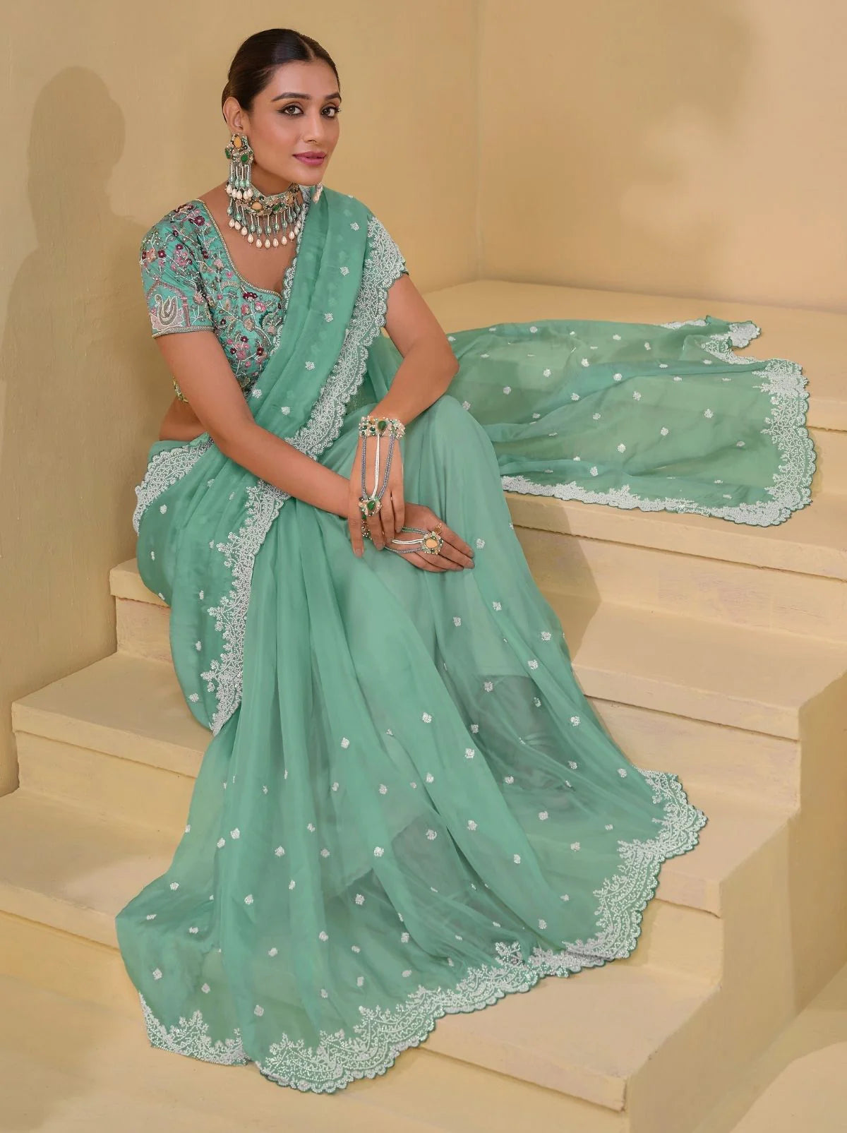 Nayoora Sea Green Banarasi Moti Work Saree
