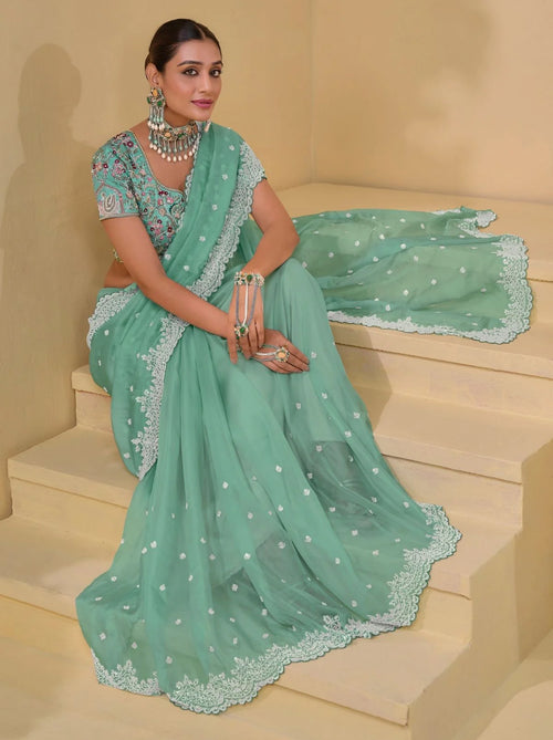 Nayoora Sea Green Banarasi Moti Work Saree