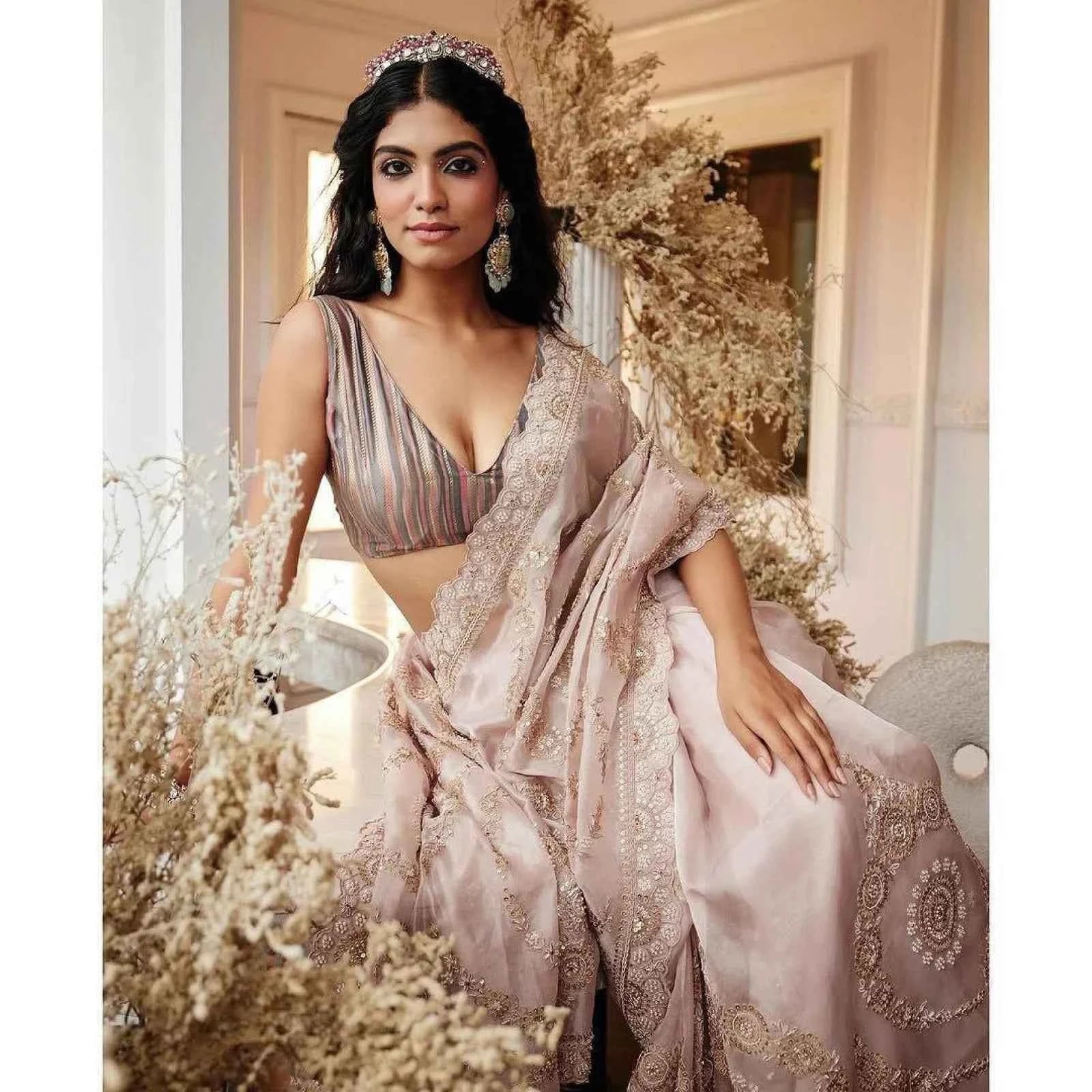 Blush Pink Satin Organza Saree – Heavy Sequin Embroidery - Nayoora