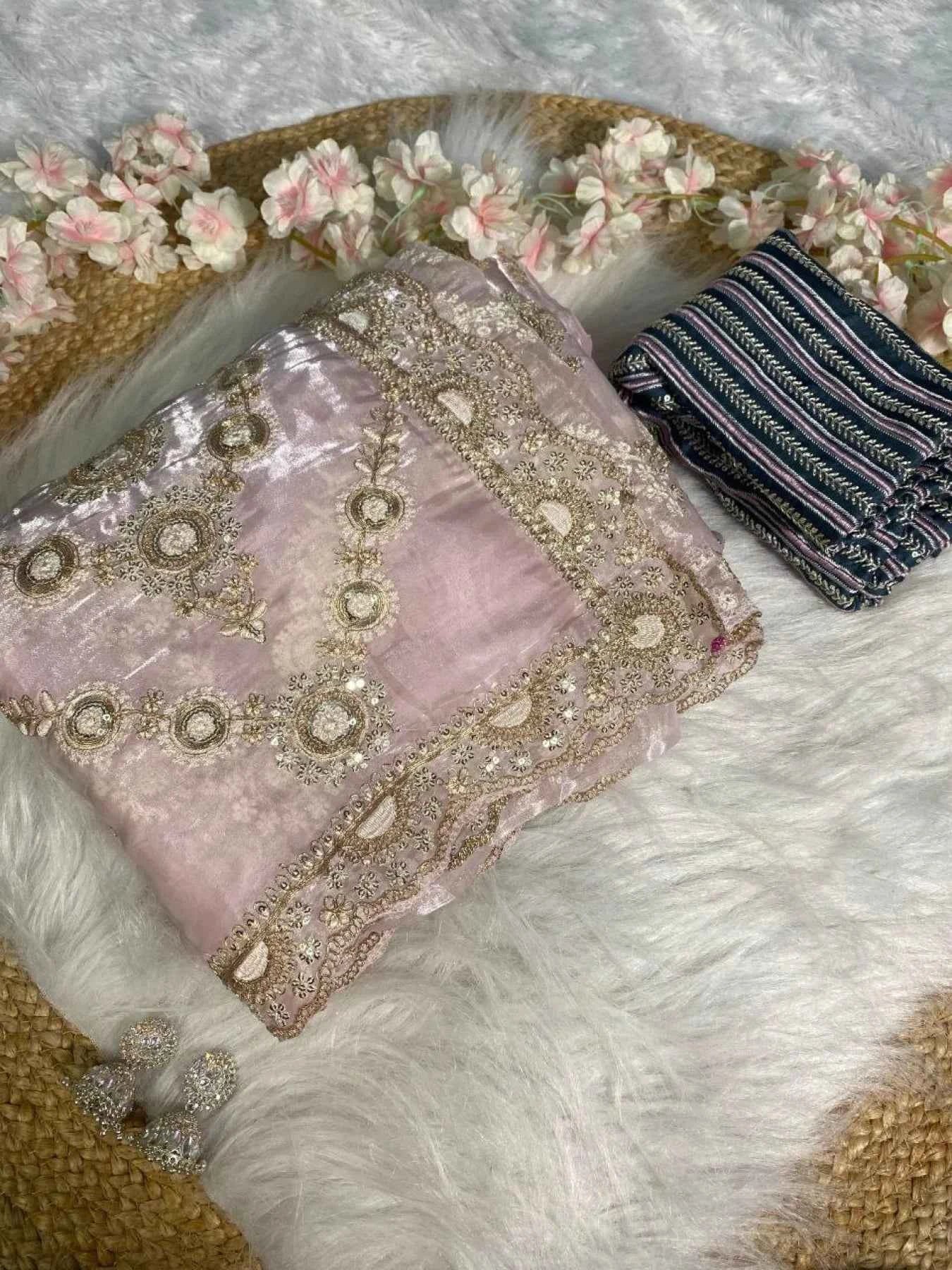 Blush Pink Satin Organza Saree – Heavy Sequin Embroidery - Nayoora