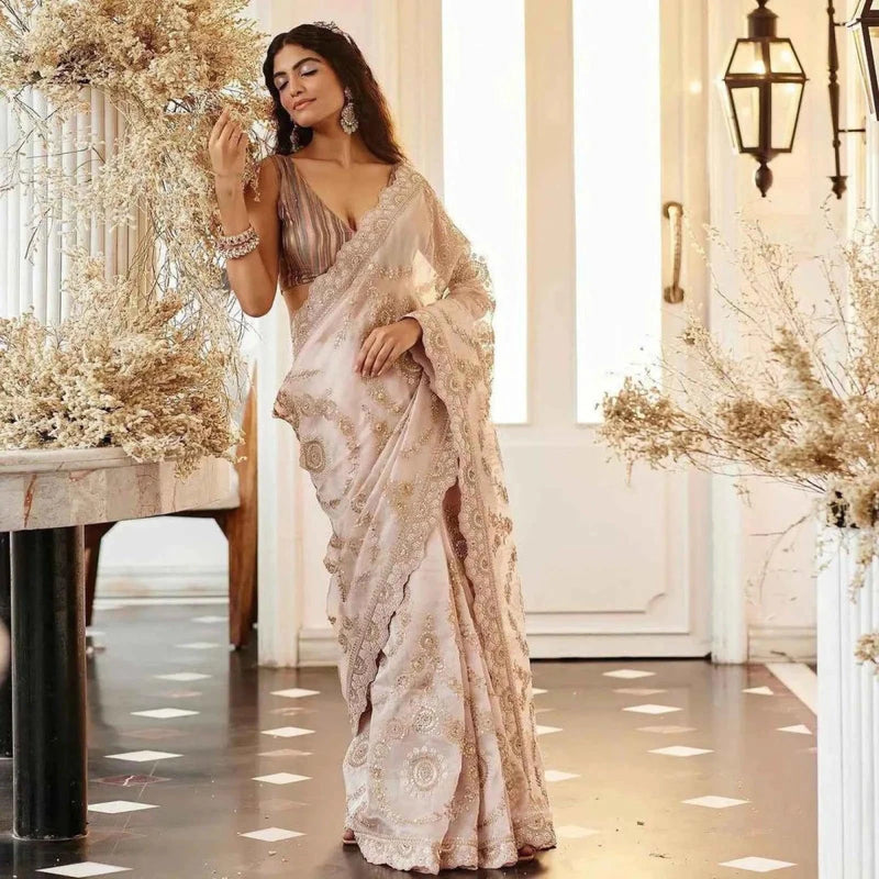 Blush pink saree with gold sequin embroidery and embellished pallu, draped on model