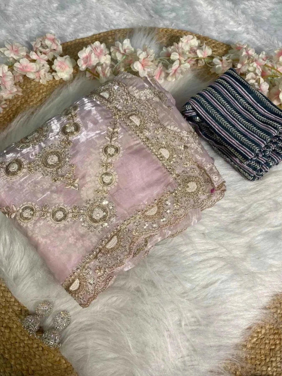 Blush Pink Satin Organza Saree – Heavy Sequin Embroidery - Nayoora