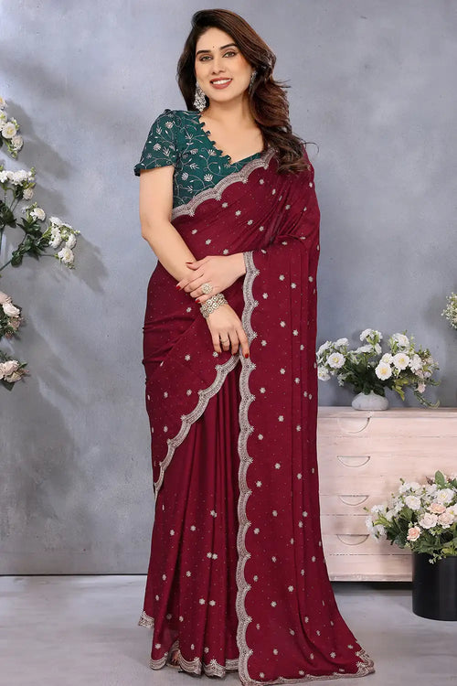 Nayoora Burgundy Royale Silky Crush Saree with Scalloped Border