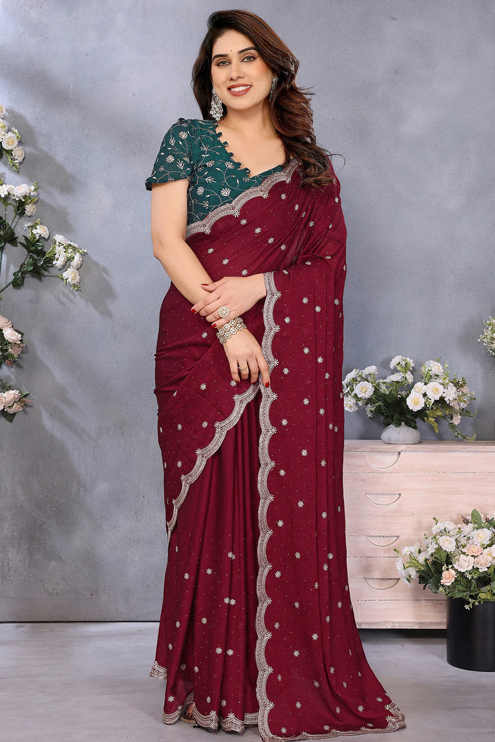 Nayoora Burgundy Royale Silky Crush Saree with Scalloped Border