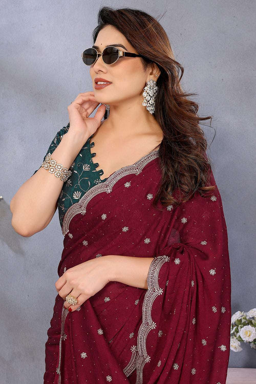 Nayoora Burgundy Royale Silky Crush Saree with Scalloped Border