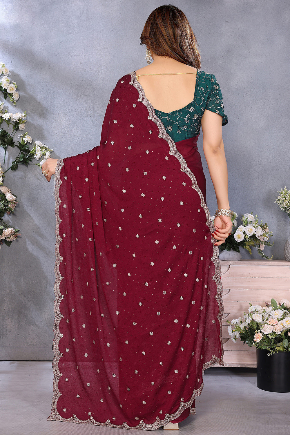 Nayoora Burgundy Royale Silky Crush Saree with Scalloped Border