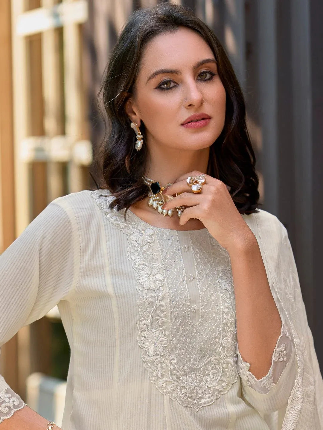 Nayoora Luxe Ivory Cream Lucknowi Embroidered Pure Cotton Jacquard Anarkali Set - Nayoora