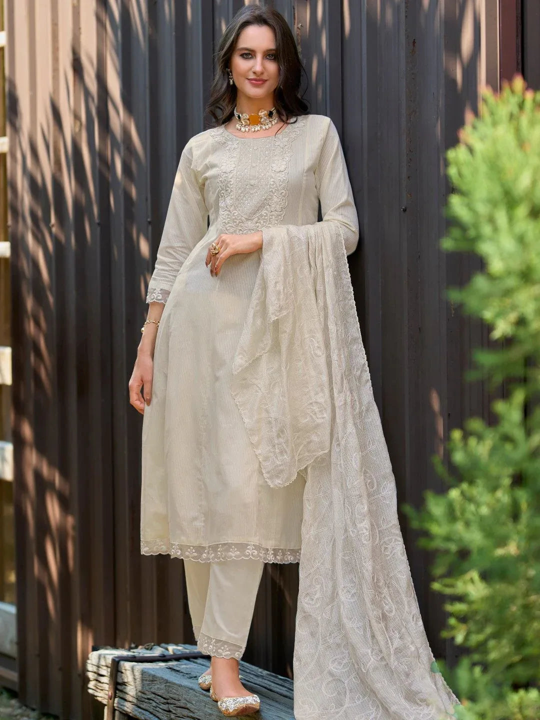 Nayoora Luxe Ivory Cream Lucknowi Embroidered Pure Cotton Jacquard Anarkali Set - Nayoora