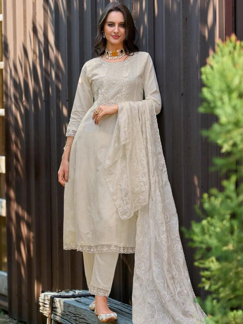 Nayoora Luxe Ivory Cream Lucknowi Embroidered Pure Cotton Jacquard Anarkali Set - Nayoora