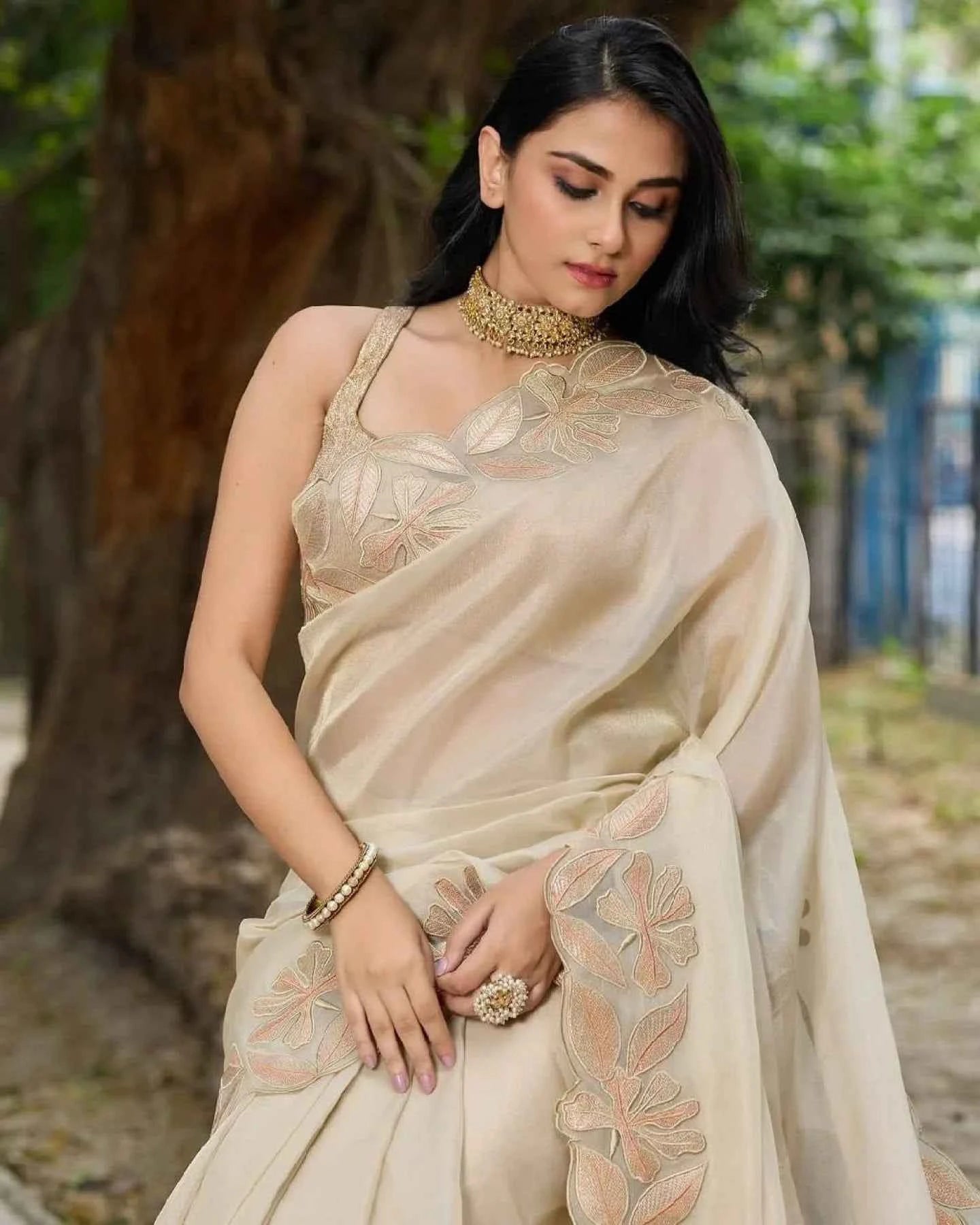 Cream Organza Saree – Sequin & Arco Cutwork Border - Nayoora