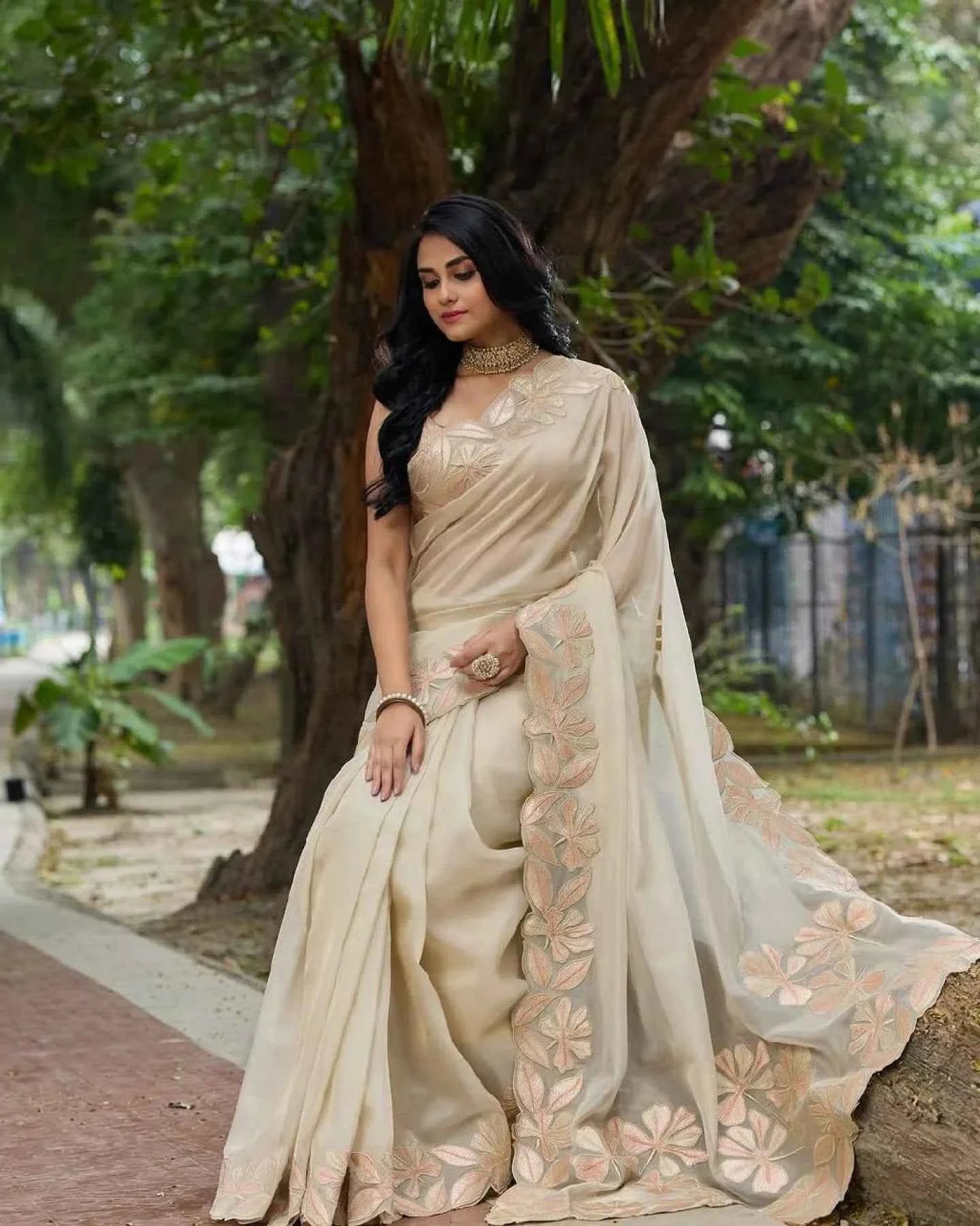 Cream Organza Saree – Sequin & Arco Cutwork Border - Nayoora