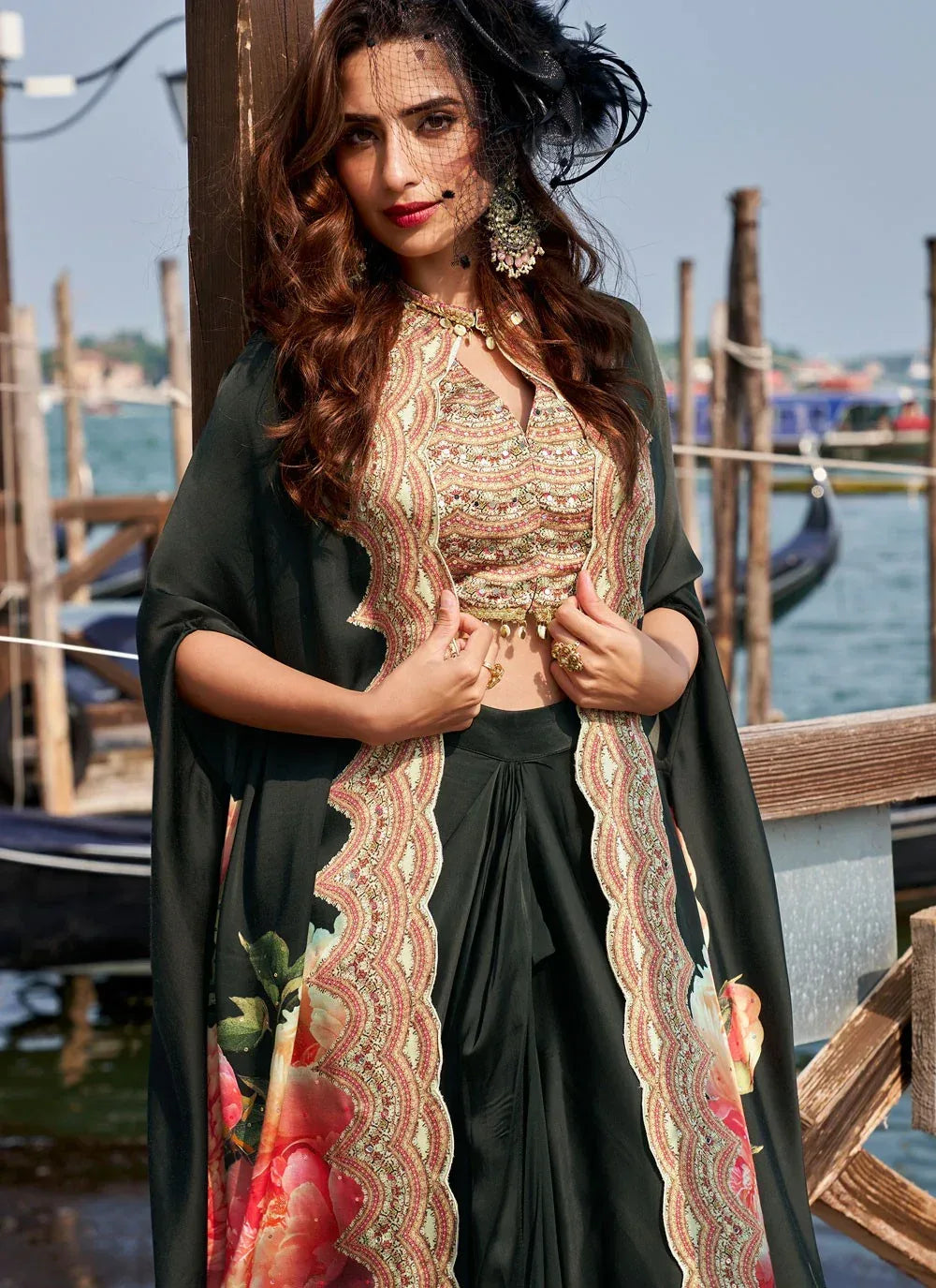 Nayoora Luxe Black Floral French Crepe Cape Dhoti Fusion Set - Nayoora