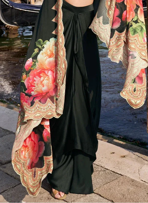 Nayoora Luxe Black Floral French Crepe Cape Dhoti Fusion Set - Nayoora