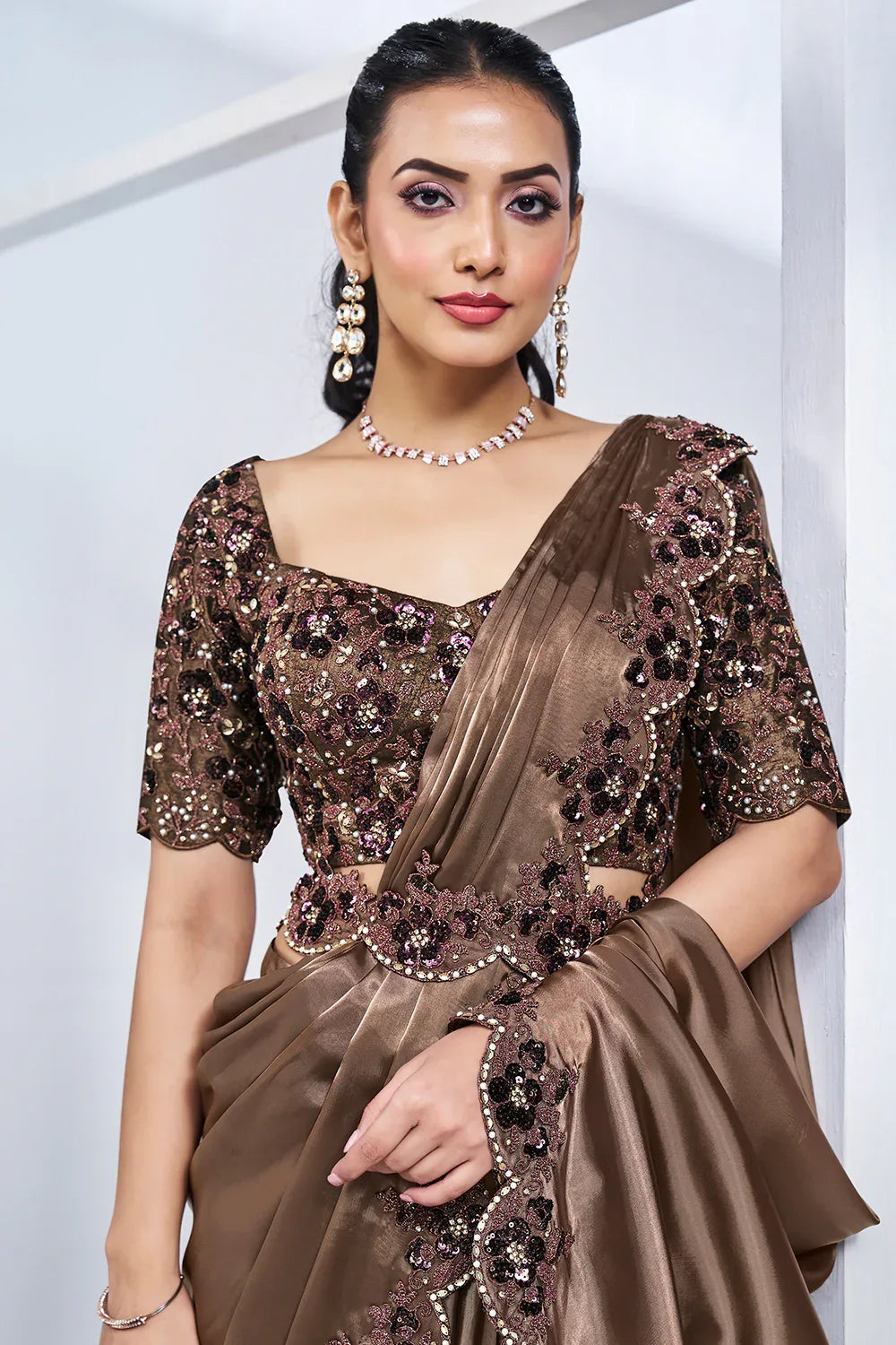 Nayoora Luxe Metallic Mocha Brown Sequin Embroidered Ready-to-Wear Saree Set - Nayoora