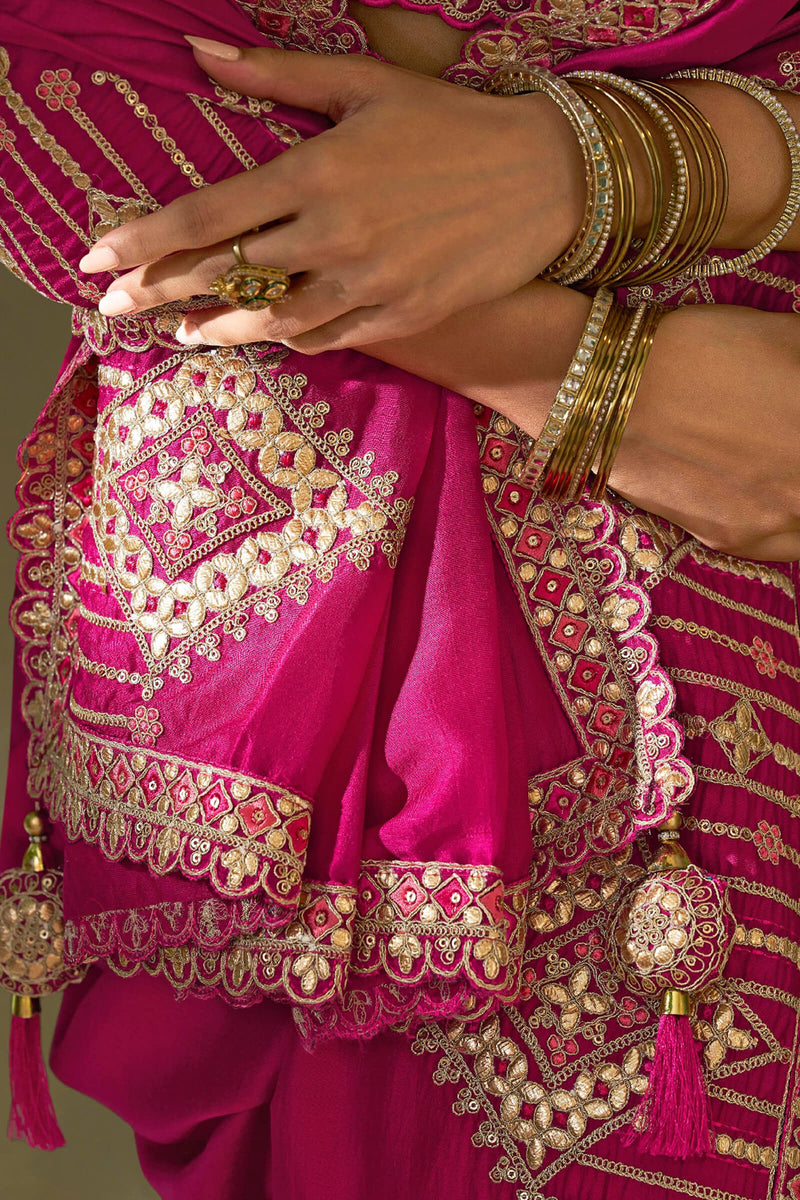 Nayoora Dark Hot Pink Silk Gota Patti Embroidered Designer Saree