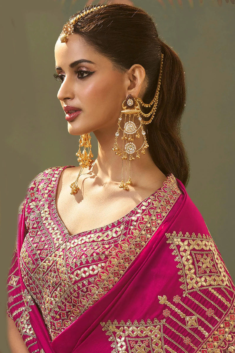Nayoora Dark Hot Pink Silk Gota Patti Embroidered Designer Saree