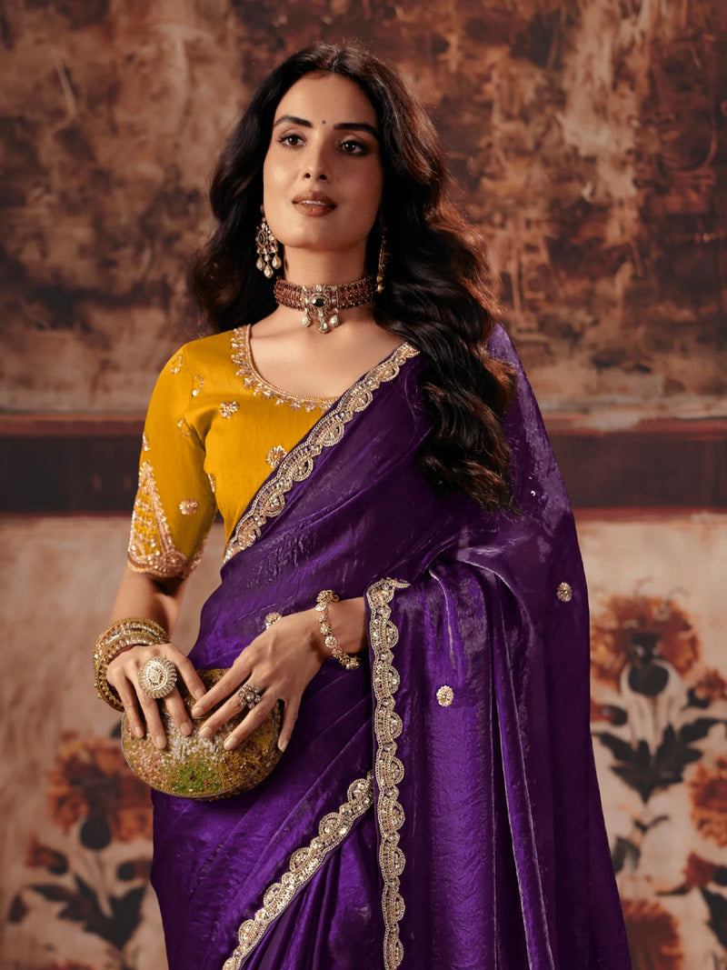 Nayoora Deep Purple Satin Silk Designer Saree With Mustard Embroidered Blouse