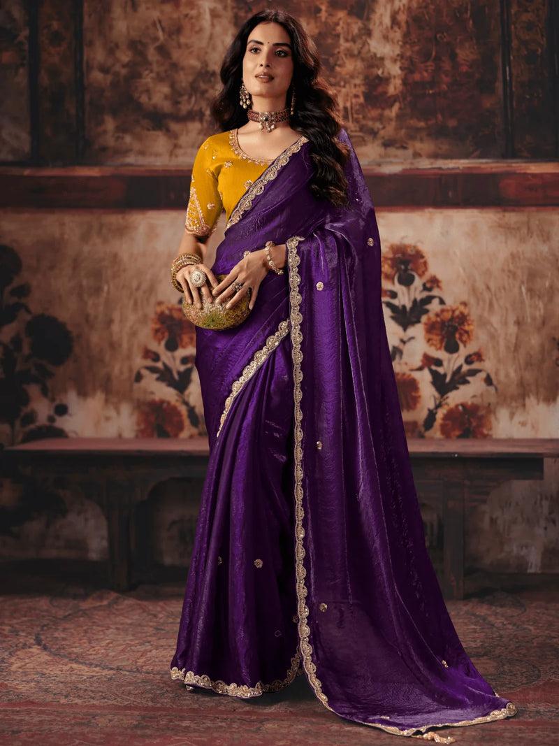 Nayoora Deep Purple Satin Silk Designer Saree With Mustard Embroidered Blouse