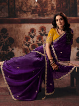 Nayoora Deep Purple Satin Silk Designer Saree With Mustard Embroidered Blouse