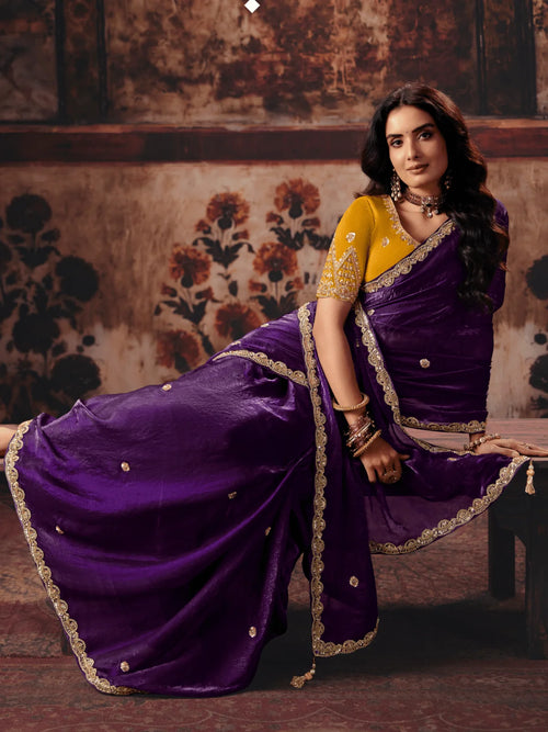 Nayoora Deep Purple Satin Silk Designer Saree With Mustard Embroidered Blouse